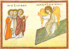 Links sind drei Frauen zu sehen, rechts kommt Jesus geflügelt und mit einem Stab aus seinem Grab hervor