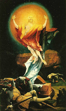 Auferstandener Jesus mit Strahlenkranz über dem Grab schwebend; 3 geblendete bzw. schlafende Wächter